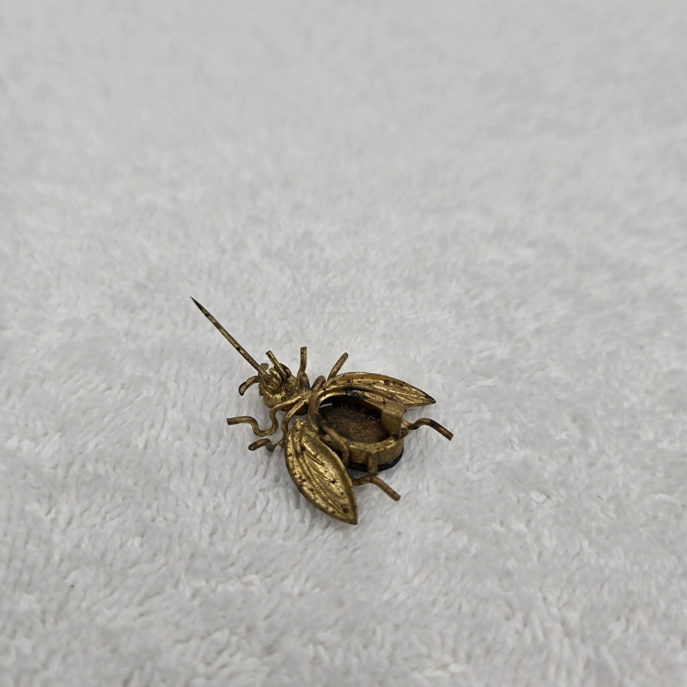 Vintage Bug Bee Beetle Wasp Insect Brass Blue Rhinestones  Brooch Lapel Pin - Picture 5 of 6